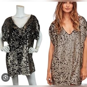 Free People Black and Gold Sequin V-Neck Mini Dress